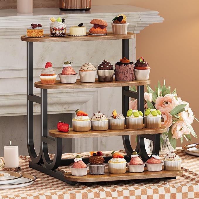 Rustic Stepped Cupcake Stand for 50 Cupcakes 4-Tier Wooden Display Stand with Metal Frame Dessert Table Riser Shelf for Part, Bakery Farmers Market or Home Decor (Rustic Brown)