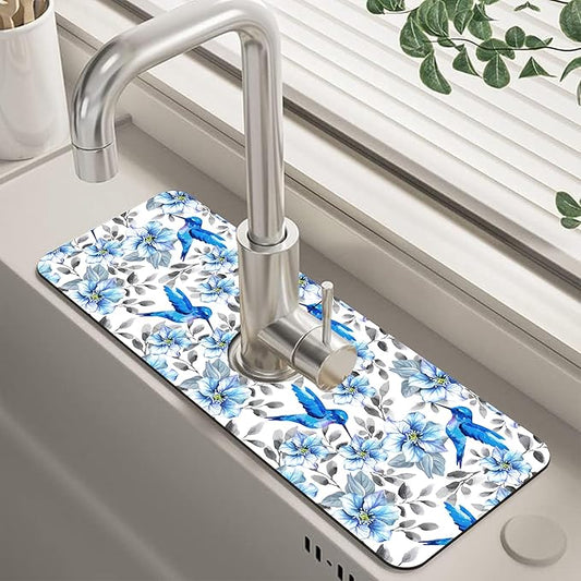 Blue Floral and Hummingbird Dish Drying Mat for Kitchen Sink Splash Guard Behind Faucet Sink Mat Absorbent Fast Drying Faucet Draining Mat for Bathroom Kitchen 5.5"×15"