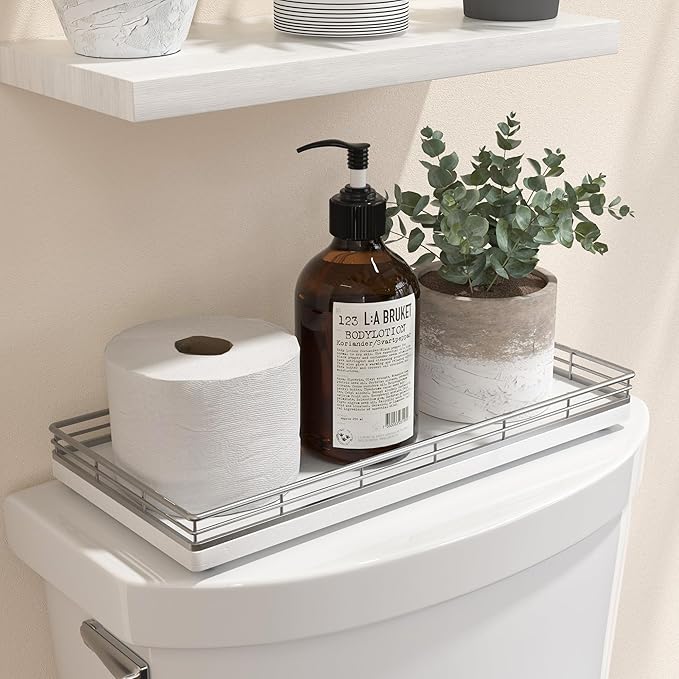 Oak Bathroom Toilet Tank Tray, 13" Wood Back of Toilet Paper Basket Tank Topper Storage, Vanity Tray for Perfume Makeup Candle Toiletry Organizer for Kitchen Coffee Table Silver Tray Decor