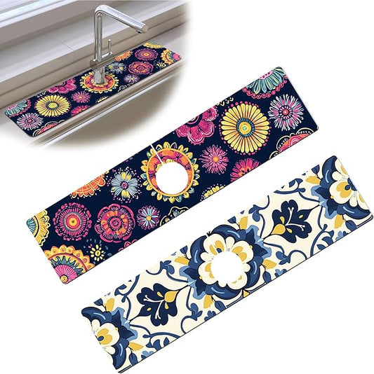 Bimkole 2 PCS Faucet Absorbent Mat, Kitchen Faucet Sink Splash Guard Wraparound Cloth Pads Drip Catcher for Sink Faucet for Kitchen Bathroom Faucet, Colorful Faucet Mat, 15 x 4 Inch Flower A6