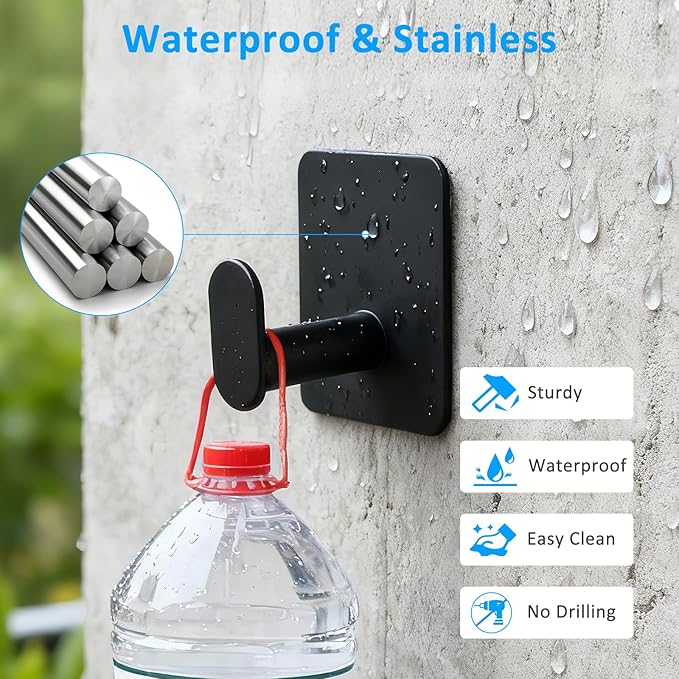 VZZNN Adhesive Wall Hooks 12 Pcs, Waterproof Matte Black Towel Hooks for Bathroom, Stainless Steel Sticky Hooks for Kitchen Shower with Strong Hold