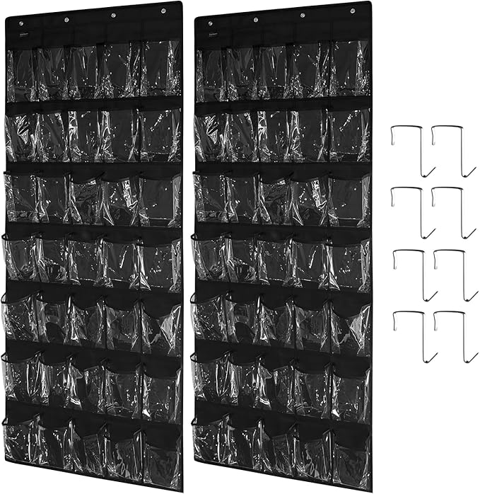 Clear Crystal 2 Pack 35 Pockets Large Hanging Shoe Organizer Over The Door Shoe Rack for Closet Door Storage Shoe Holder Hanger, 8Hooks, Black