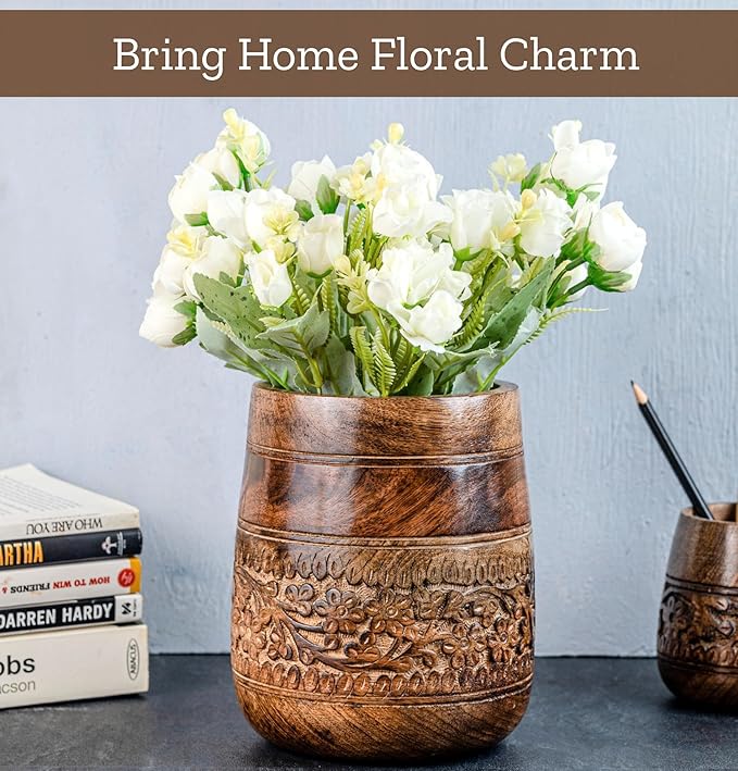 Mie Creations Rustic 7'' Large Utensil Crock Holder for Kitchen Countertop | Wooden Cooking Spatula Organizer for Party, Floral Hand carving Utensils Caddy, Vintage Kitchen Counter Decor- Dark Brown