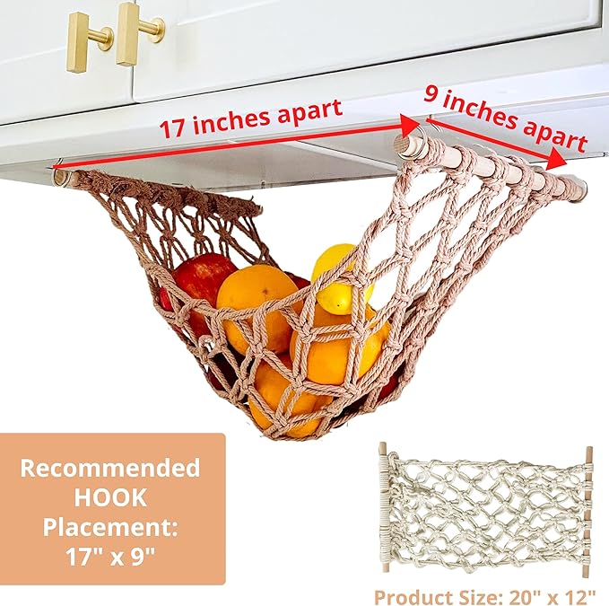 Fruit Hammock - Hanging Fruit Basket - Produce and Veggie Storage for Kitchen Under Cabinet - Banana Hook - Macrame Boho Modern (Grey)