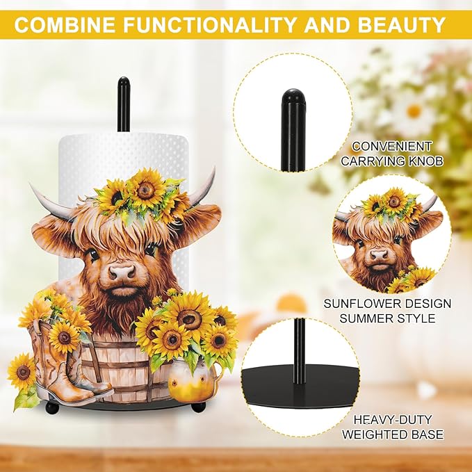 JarThenaAMCS Highland Cow Sunflower Paper Towel Holder Watercolor Floral Cattle Kitchen Decor Accessories Farmhouse Large Metal Towel Holder Stand for Home Bathroom Countertop