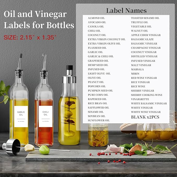 HVSWLY Oil and Vinegar Labels for Bottles,50 Pantry Labels for Vinegar & Oil Dispenser Bottles,Olive Oil Bottle Jar Labels Stickers, Kitchen Condiment Labels Set