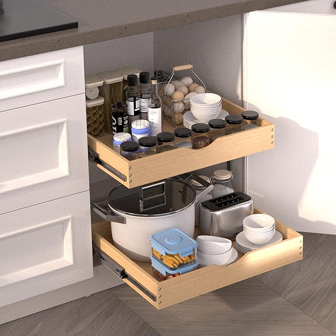 2-Tier Wood Cabinet Pull Out Shelves (20" W x 22" D), Wooden Slide Out Drawers for Kitchen Cabinets, Heavy-Duty 22 Inch Deep Sliding Cabinet Organizer