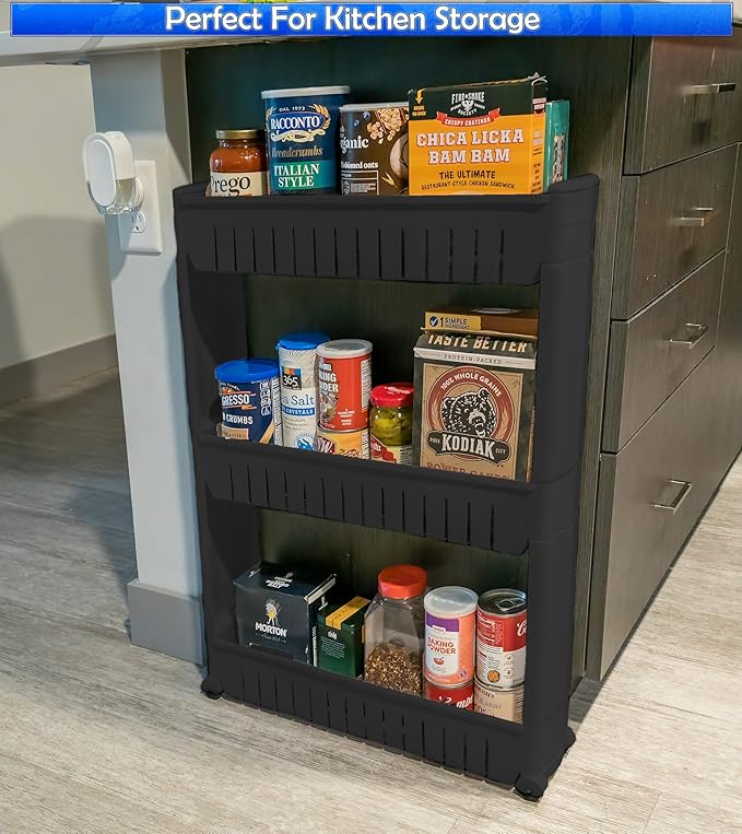 Slim Rolling Storage Cart for Bathroom and Laundry Room Organization - Narrow Space-Saving Mobile Shelving Utility Cart - Versatile Tier Design
