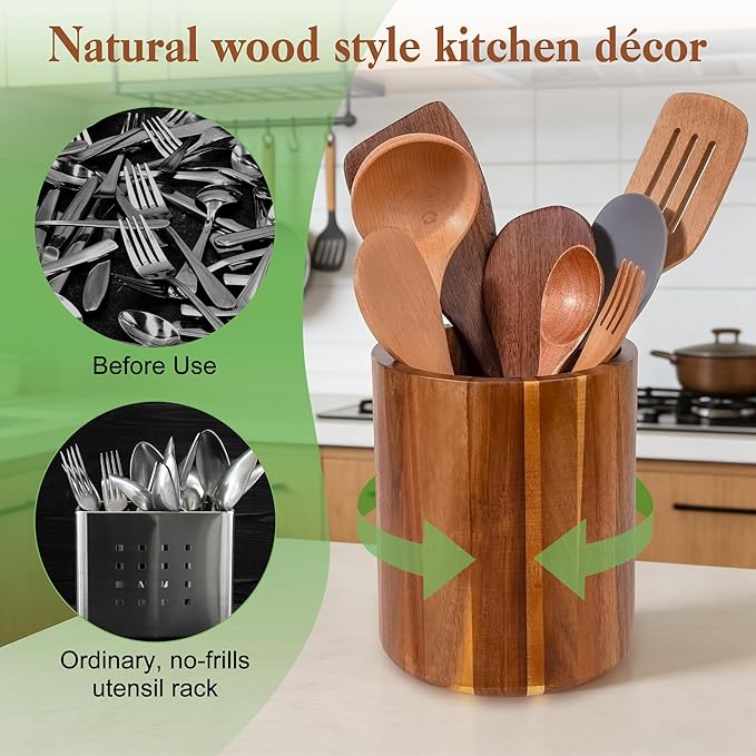 Acacia Wood Utensil Holder with Curved Comfort Base - 360° Rotating 7.2" Countertop Organizer, Utensil Crock for Kitchen Counter & Farmhouse Decor