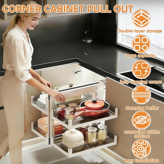 Blind Corner Cabinet Pull Out Organizer, 2-Tier Pull-Out Organizer with 10 Baskets, Corner Pull Out Cabinet with Sliding Design, Left Open & Right Open Compatible