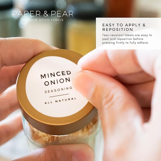 Paper & Pear Round Spice Jar Labels Preprinted Waterproof - Modern Style White Spice Labels Stickers Preprinted Waterproof - Oil & Tear Resistant Seasoning Stickers - Set of 80, 1.35 Inches (No Jars)