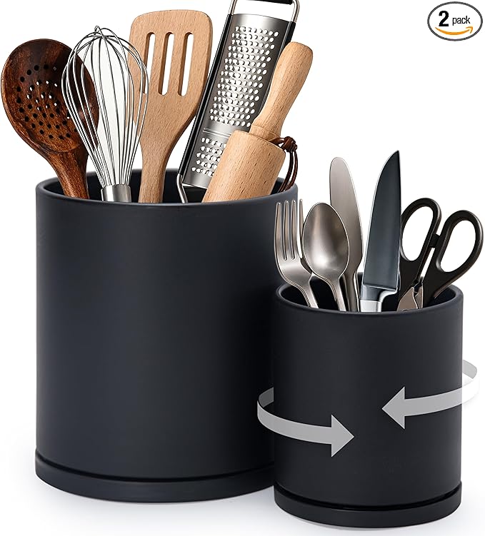 D'vine Dev 360° Rotating Utensil Holder Set – 7.2"+5" Kitchen Utensil Crocks for Countertop, Modern Cooking Tool Organizers for Kitchen Storage +Décor, Black, Set of 2, 72-Z-B-1
