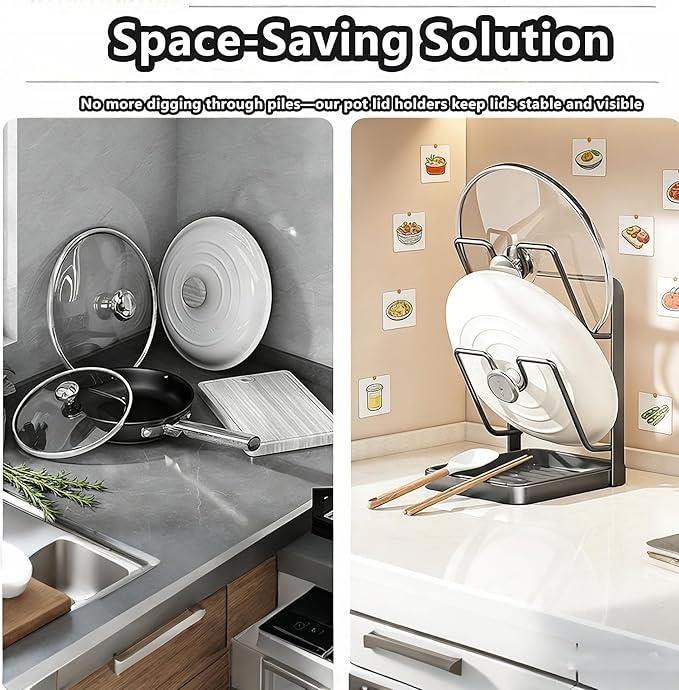 Kitchen Pot Lid Storage Rack, 304 Stainless Steel Pot Lid Holder While Cooking, Lids And Spoon Rest, Cutting Board Holder With Removable Tray, Pots Cover Organizer For Countertop (Gray, Double)