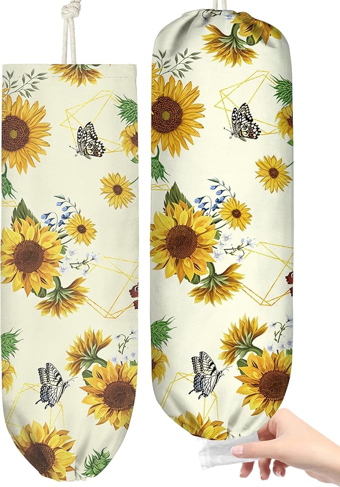 Plastic Bag Holder, Grocery Bag Organizer - 1 Pack Cute Kitchen Dispenser Holders Reusable Shopping Western Hanging Wall with Adjustment Drawstring Closure for Women Home, Sunflower