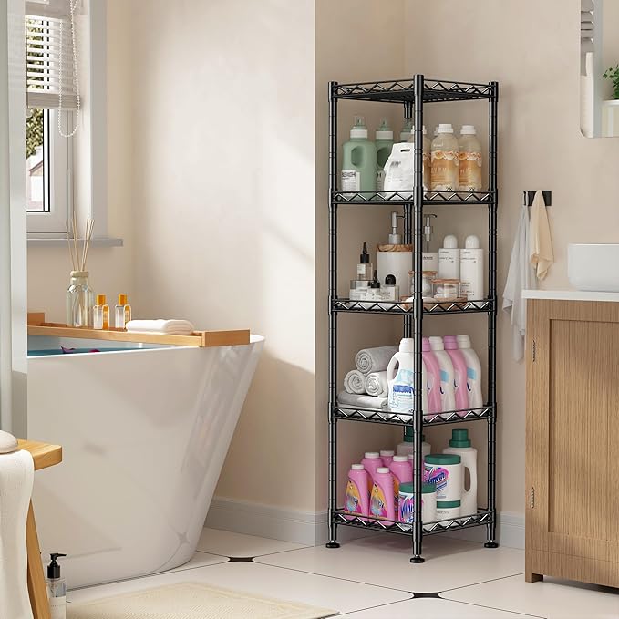 Set of 2 Storage Shelves-5 Tier Metal Shelving Adjustable Wire Shelves Standing Shelf Units Narrow Shelf for Kitchen Pantry Closet Office 12''Wx12''Dx49''H Black