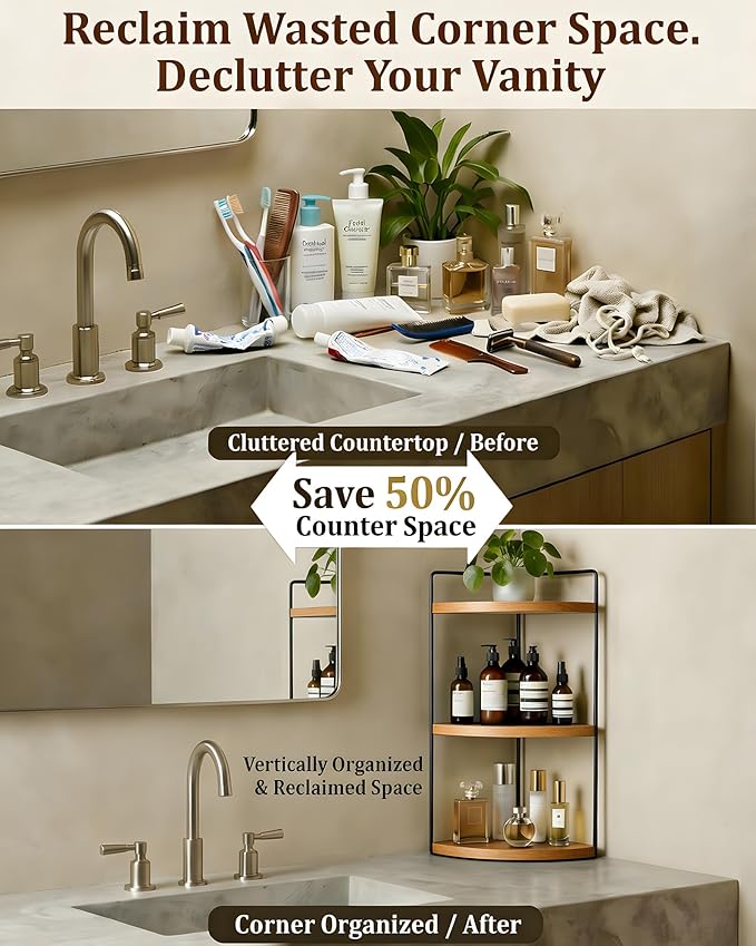 Corner Bathroom Countertop Organizer, 3-Tier Rustic Wood Corner Shelf with Sturdy Metal Frame, Waterproof Vanity Storage for Cosmetics & Toiletries, Space Saving Rack for Kitchen, Natural