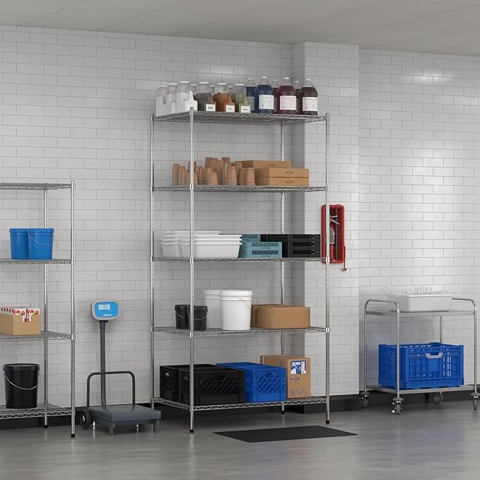 Commercial NSF Listed Chrome Stationary Wire Shelving Kit 30" x 48" x 96", with 5 Shelves Perfect for Warehouse, Walk-in Refrigerator, Freezer, Grocery Store, Restaurant, Dishroom
