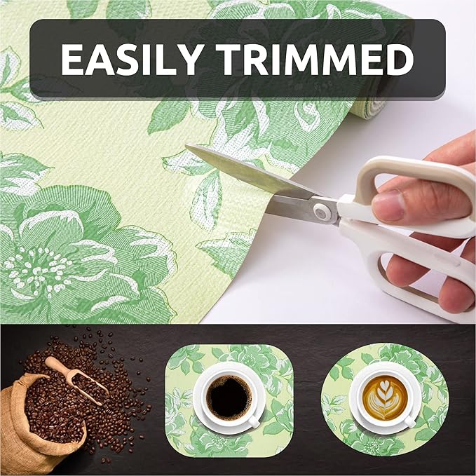 FIFTY FEET 12X120 Inch Shelf Liner for Kitchen Cabinets, PVC Drawer Liner for Dresser Non-Slip Bathroom, Non-Adhesive Cabinet Liner Washable (Green Flower)(1 Roll)