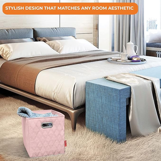 FH Group JIAessentials 12" Faux Leather Foldable Storage Cube Bins Set of 2 – Pink Diamond Patterned Organizers with Handles for Closet & Shelves
