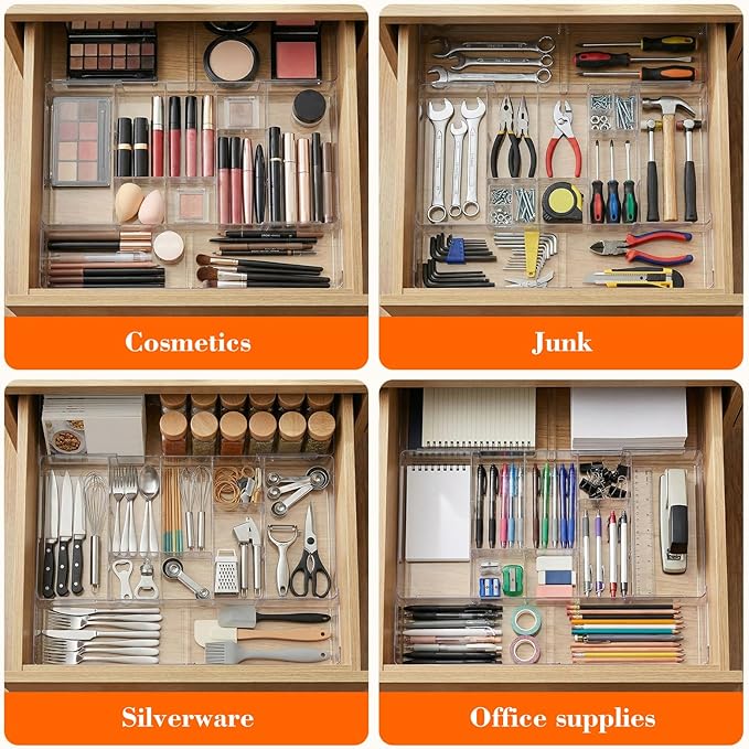 2 Pcs Expandable Acrylic Drawer Organizers 9 Square Grid Adjustable Clear Drawer Dividers Organizer for Desk, Makeup, Jewelry, Office, Kitchen Supplies (Large)