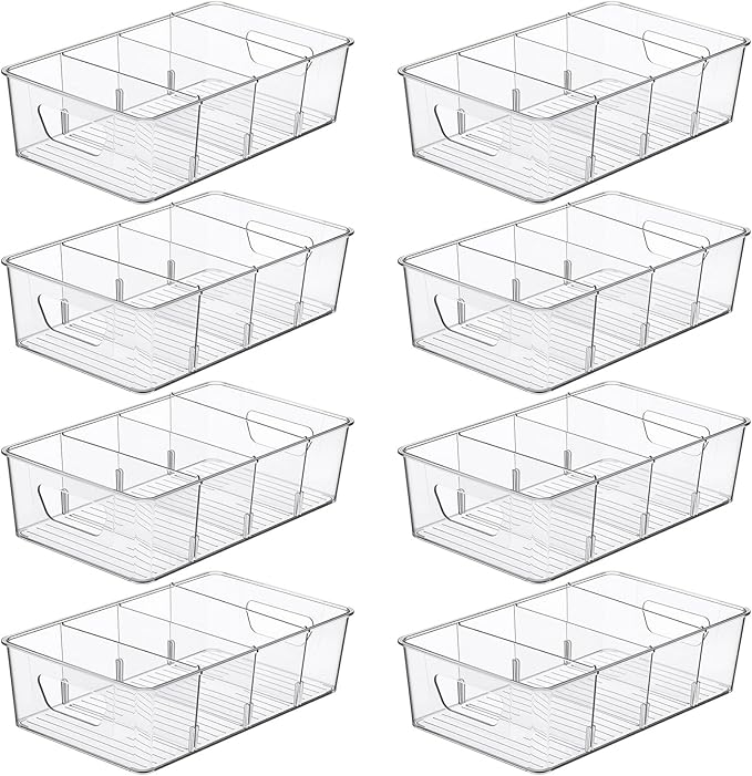 8 Pcs Pantry Organizers Bins, Clear Plastic Stackable Snack Storage Containers with 3 Dividers for Kitchen Cabinet Fridge Shelf Organization, 4 Compartment Holder