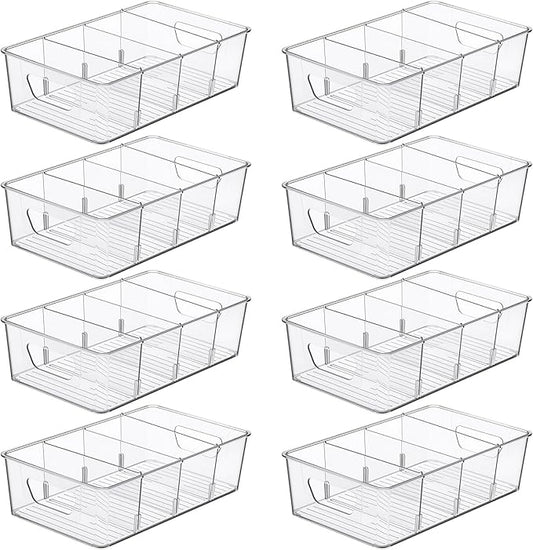 8 Pcs Pantry Organizers Bins, Clear Plastic Stackable Snack Storage Containers with 3 Dividers for Kitchen Cabinet Fridge Shelf Organization, 4 Compartment Holder