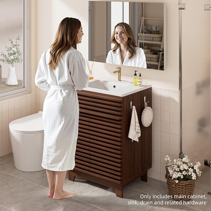 VNN 24 Inch Bathroom Vanity with Ceramic Sink - Freestanding Storage Cabinet with Fluted Design, Soft-Close Doors and Shelves, Compact Modern Storage for Small Bathrooms/Powder Rooms, Walnut