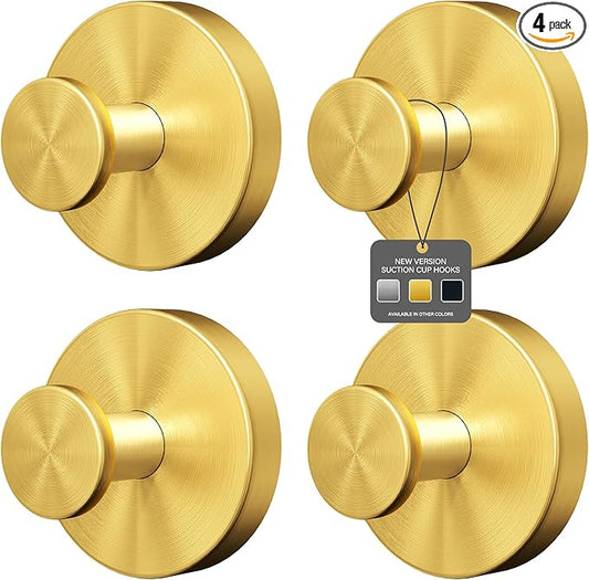 Shower Suction Cup Hooks, Heavy Duty Bathroom Wall Hooks for Towels, Robes, Loofahs, Removable Metal Hook for Tile Glass Mirror, No Drill(4 Pack, Gold)