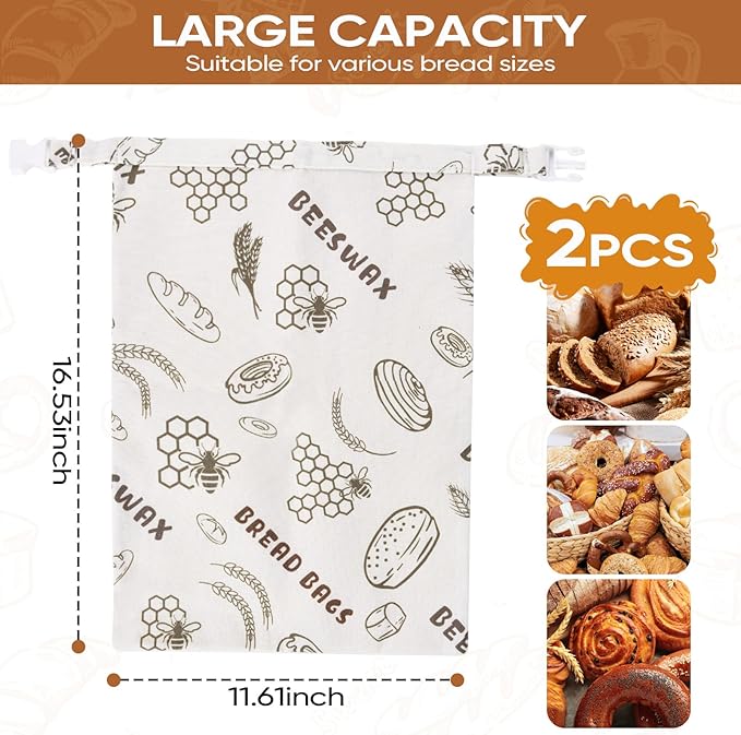 2Pack Reusable Bread Bags for Homemade Bread Organic Beeswax Cotton Bag -17x12in Food Storage with Snap Closure Fresh KeepingSourdough Storage Bag Thicker Organic Beeswax Sealed Bag(White)