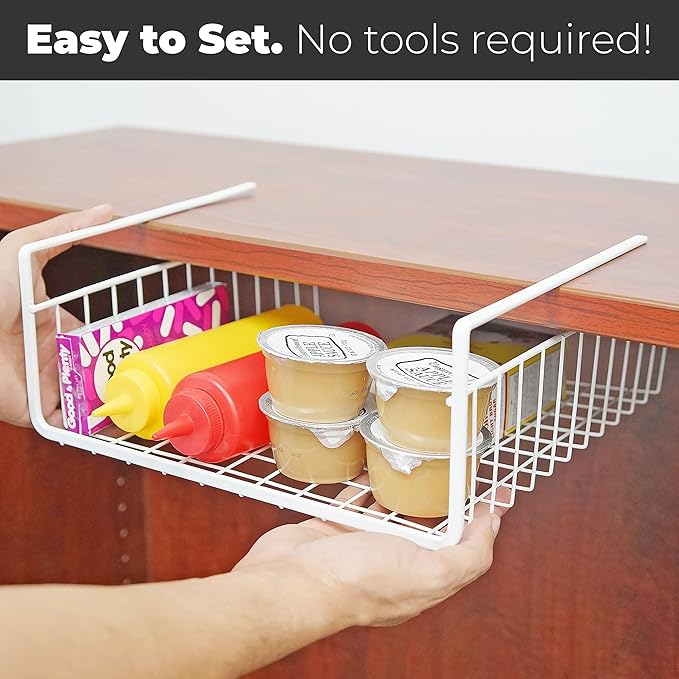 Under Shelf Storage Basket Set – 4-Piece White Wire Hanging Organizer for Kitchen, Pantry, or Cabinet Shelves