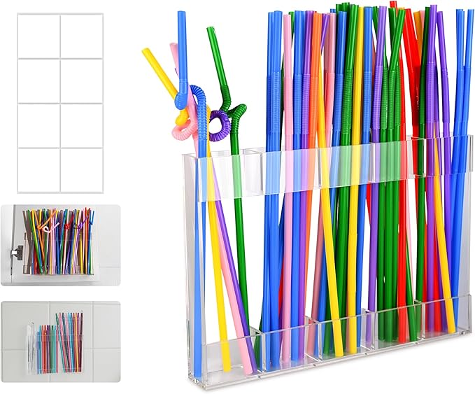 9.5” Large Acrylic Straw Holder for Cabinet Door - Reusable Tumbler Straw Organizer Storage for Kitchen Counter - Space- Saving Kitchen Accessories Cabinet Dispenser