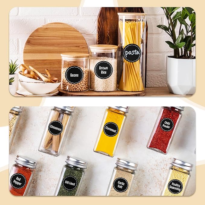 144pcs 1.5 Inch Preprinted Round Spice Jar Labels, Chalkboard Waterproof Oil Resistant, Kitchen Pantry Organization (Including 9 Blank Labels)