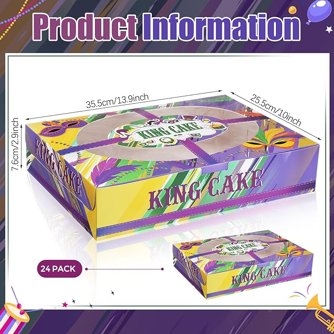 Ctosree 24 Pcs Mardi Gras King Cake Boxes with Window 14 x 10 x 3 Inches Cake Box Rectangle Cake Box Masquerade Party Goodie Gable Boxes for Mardi Gras Cake Decorating Supplies(Round Skylight)