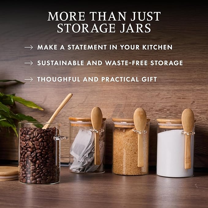 Set of 4 Glass Pantry Storage Containers with lids (17oz) – Glass Sugar Container with Spoon perfect for -Tea, Coffee, Sugar, Spices & More – Stylish Kitchen Food Storage Containers