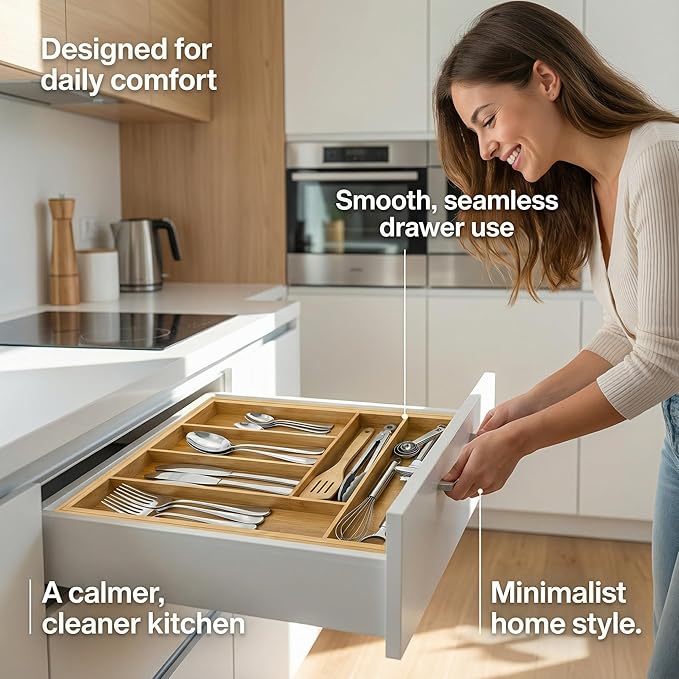 Culinary Edge Expandable Bamboo Drawer Organizer, Adjustable 6-Slot Cutlery Tray for Silverware & Kitchen Utensils, Natural Bamboo Drawer Divider for Flatware and Gadget Storage