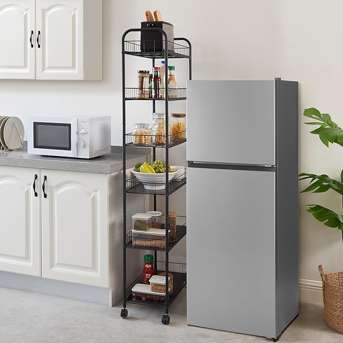 6 Tier Slim Rolling Pantry Storage Cart Metal Wire Storage Shelving Rack with Lockable Wheels Mobile Shelving Unit with Baskets Utility Cart for Kitchen Bathroom Laundry Narrow Places, Black &6" D