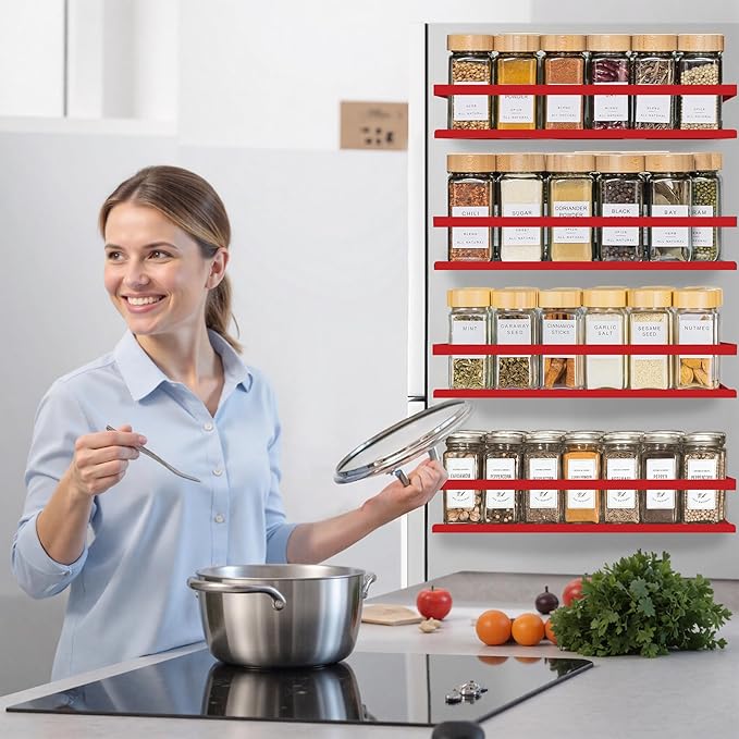 SMRCAD Magnetic Spice Rack for Refrigerator Seasoning Organizer for Spice Fridge Shelf storage Magnetic Shelf with Hook for Oven (4pack-Cut out-Red)
