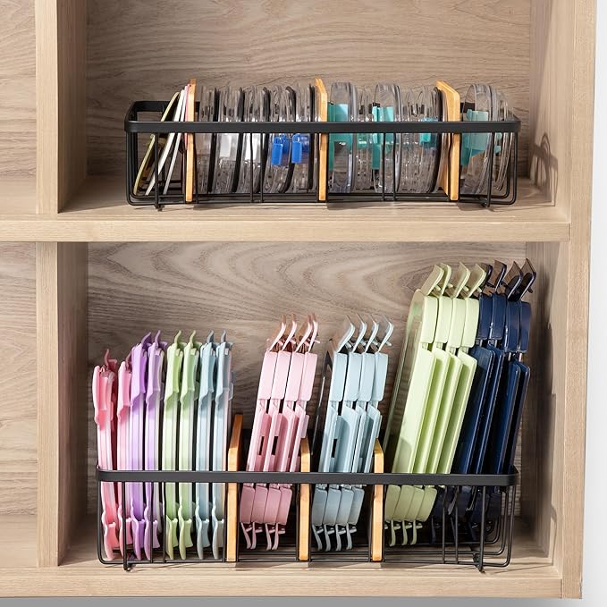 2-Pack Adjustable Lid Organizers - Large Kitchen Cabinet Organizer for Food Storage Container and Tumbler Cup Lids with 6 Bamboo Dividers - Organizers in Kitchen/Pantry/Laundry Room(Size:S+L)