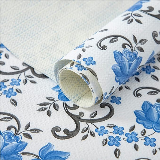 FIFTY FEET 12X120 Inch Shelf Liner for Kitchen Cabinets, PVC Drawer Liner for Dresser Non-Slip Bathroom, Non-Adhesive Cabinet Liner Washable (Blue Floral)(1 Roll)