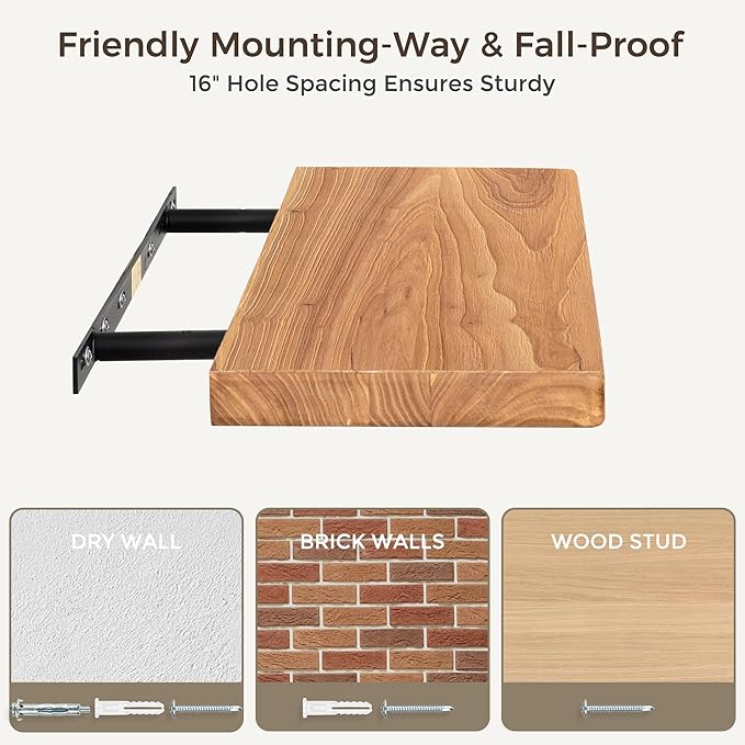 Fun Memories 72 Inch Floating Shelves for Wall, Rustic Solid Elm Wood Shelves for Home Decor, 8 Inch Deep Floating Shelf Wall-Mounted, Heavy-Duty Storage Shelf for Living Room, Bedroom, Kitchen