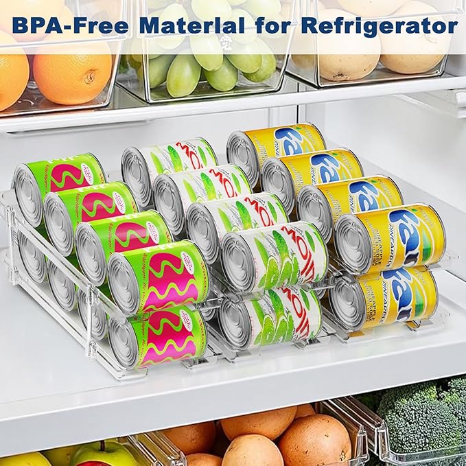Can Organizer For Pantry,3 Sets 4 Tiers Pantry Organizers And Storage, Pantry Organizer for Fridge 36 Standard and Tall Cans Rack Automatic Rolling Stackable Canned Food Organizer, Clear
