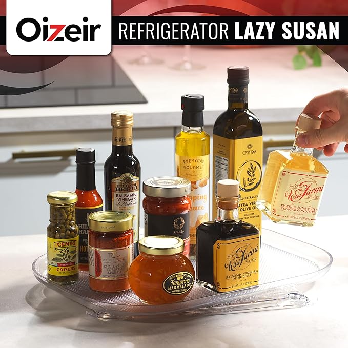 Oizeir Refrigerator Lazy Susan (2PK) - Clear Rectangular Fridge Organizer - Turntable Tray Lazy Susan for Refrigerator - Cabinet & Pantry Organizer - Smooth 360° Rotating Swivel Spinning Fridge Shelf