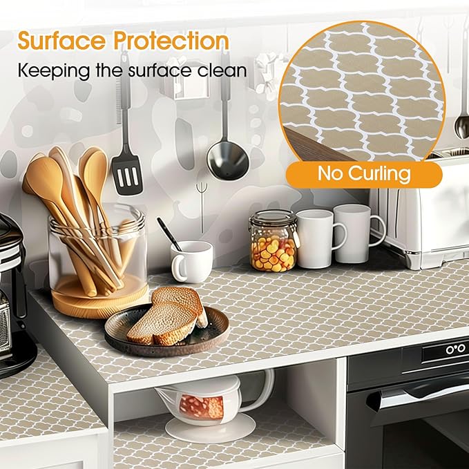 Shinlendid Shelf and Drawer Liner for Kitchen Cabinets Non-Adhesive, Strong Grip Non-Slip Thickened Cabinet Liners for Shelves, Waterproof Mats for Dresser Cupboard, Beige, 17 in x 10 Feet