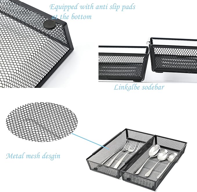 Silverware Organizer ，Mesh Cutlery silverware Tray for Drawer，Tool tray organizer,Utensil Flatware Tableware Organizer for Kitchen,Office,with Non-slip,Fits Standard Drawer,(6x12 IN) 6PSC,Black