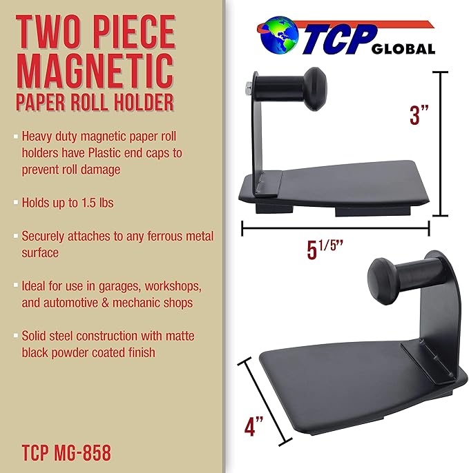 TCP Global Magnetic Paper Towel Holder - Holds Rolls of Towels, Shop Wipes, Tissues - Steel Holder Mounts onto Tool Boxes, Refrigerators, BBQ's or in Garages, Workshops and Kitchens