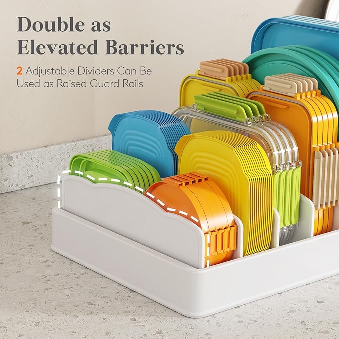 Lifewit Plastic Adjustable Lid Organizers Inside Cabinet, Lid Holder with 6 Dividers & 7 Sections for Kitchen Organization and Storage, Plate, Bowl Organizer for Tall Drawer and Pantry, 13" x 10"