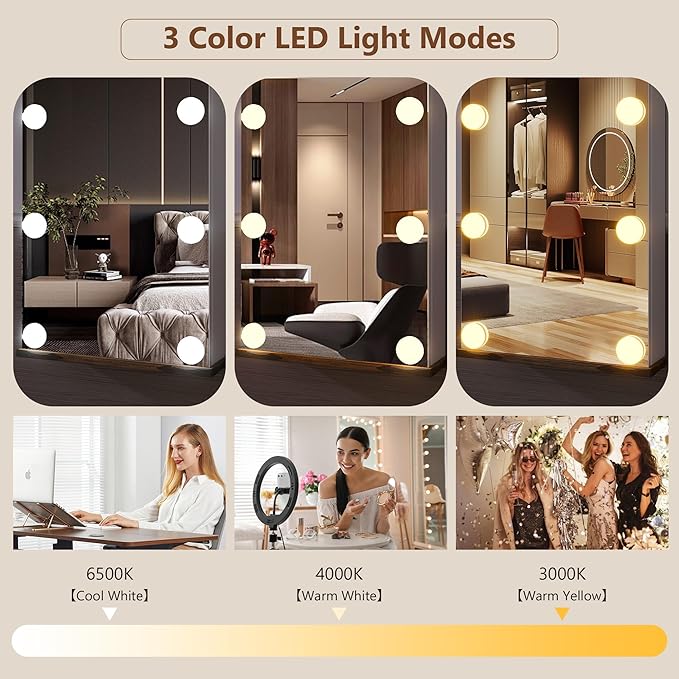 Over the Door Jewelry Organizer, 12 Hollywood Bulbs Hanging Jewelry Armoire with Full Length Mirror, 43.5" Lockable Large Storage Jewelry Cabinet for Girls/Women, (Wood grain white)