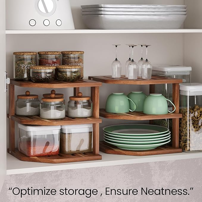 3 Tier Acacia Wood Corner Shelf,Dish Drying Rack,Plate Organizer,Kitchen Spice Rack for Countertop and Cabinet,Pantry Organization and Storage