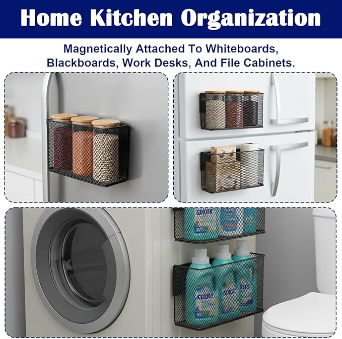 Caeuiciw Magnetic Baskets Shelf Bins Organizer Holder Storage Rack Containers for Fridge, Whiteboard, Locker - Home Kitchen Laundry Office School