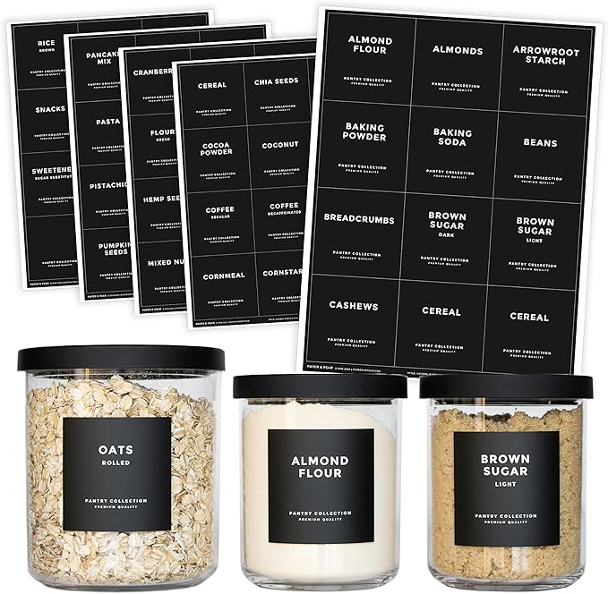 Modern Block-Black Pantry Labels for Containers Preprinted Waterproof by Paper & Pear - Oil & Tear Resistant Square Kitchen Pantry Labels for Home Improvement - Set of 60, 2.6 Inches (No Jars)
